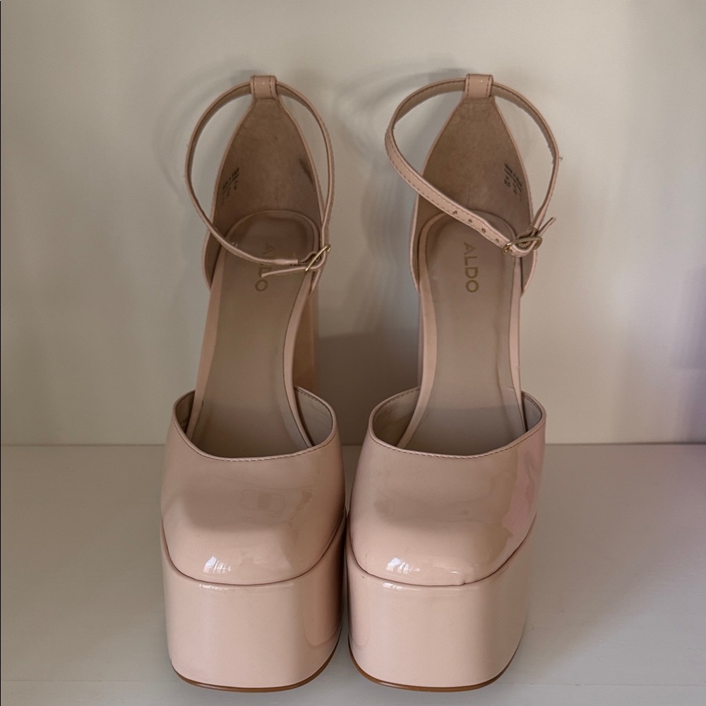 Aldo Nude Patent Platform Block Heel Pumps with‎ Ankle Strap - Picture 7 of 10